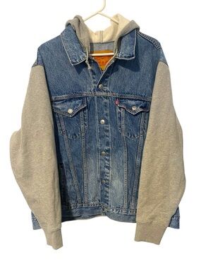 Levi's Blue Denim Jacket with Gray Hoodie Sleeves